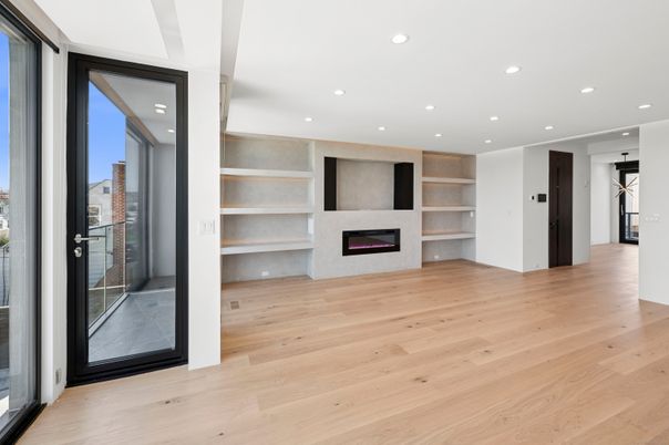 Empty room, Fireplace, Interior, Recessed Lighting, Wood Texture Flooring