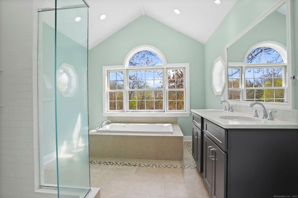 Bathroom, Dual Sink Vanities, Glass Shower, Interior, Recessed Lighting
