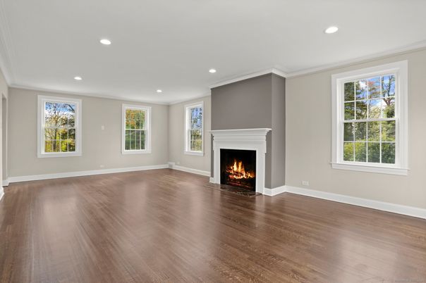 Empty room, Fireplace, Interior, Recessed Lighting, Wood Texture Flooring