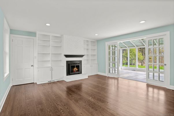 Empty room, Fireplace, Interior, Recessed Lighting, Wood Texture Flooring