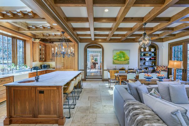 Chandelier, Dining room, Interior, Kitchen, Living room, Pendant Lights, Recessed Lighting, Wooden Beams