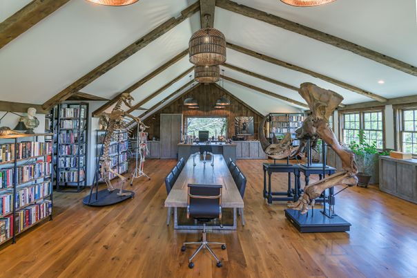 Home Office, Interior, Pendant Lights, Wooden Beams, Wood Texture Flooring