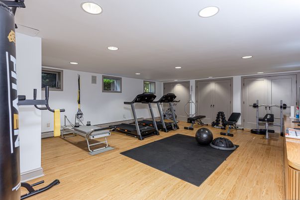 Fitness Equipment, Gym, Interior, Recessed Lighting, Wood Texture Flooring