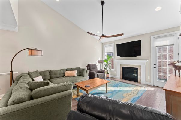 Fireplace, Interior, Living room, Recessed Lighting, Wood Texture Flooring