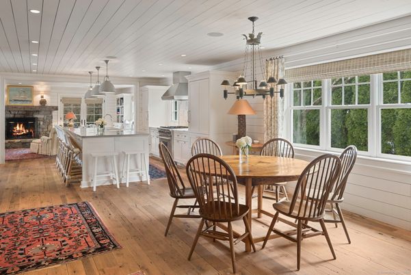 Dining room, Fireplace, Interior, Kitchen, Pendant Lights, Recessed Lighting, Wood Texture Flooring