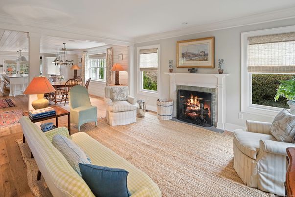 Dining room, Fireplace, Interior, Living room, Pendant Lights, Wood Texture Flooring
