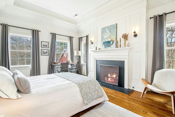 Bedroom, Fireplace, Interior, Wood Texture Flooring