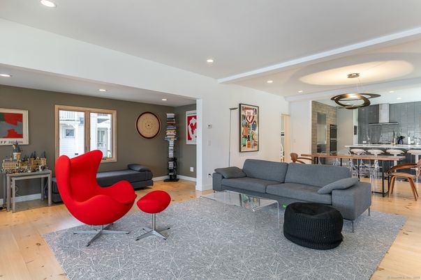 Dining room, Interior, Living room, Pendant Lights, Recessed Lighting, Wood Texture Flooring