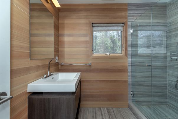 Bathroom, Glass Shower, Interior, Wooden Walls