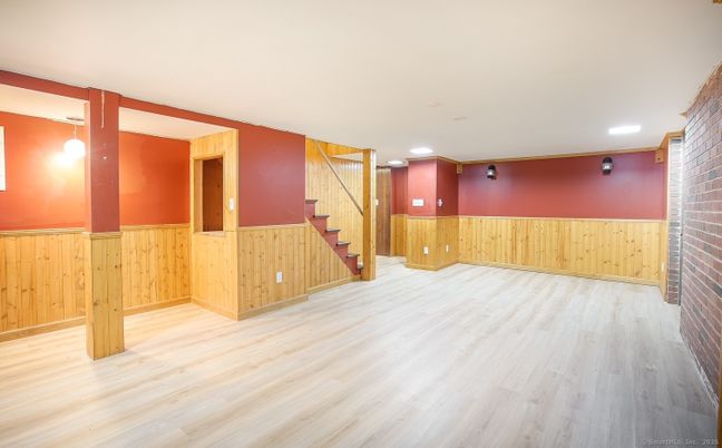 Empty room, Interior, Recessed Lighting, Stone Walls, Wood Texture Flooring