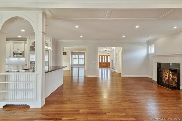 Fireplace, Interior, Kitchen, Pendant Lights, Recessed Lighting, Wood Texture Flooring