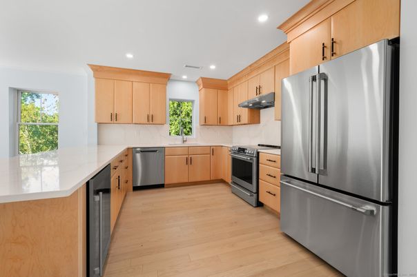 Interior, Kitchen, Recessed Lighting, Stainless Steel Appliances, Wood Texture Flooring