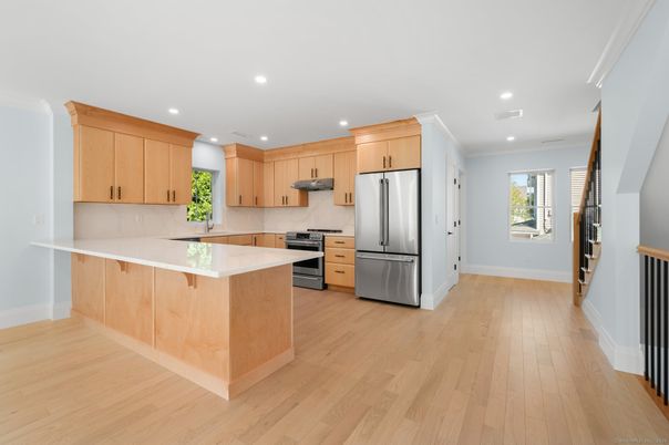 Interior, Kitchen, Recessed Lighting, Stainless Steel Appliances, Wood Texture Flooring