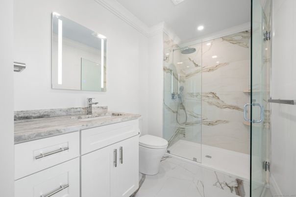Bathroom, Glass Shower, Interior, Marble, Marble Walls, Recessed Lighting