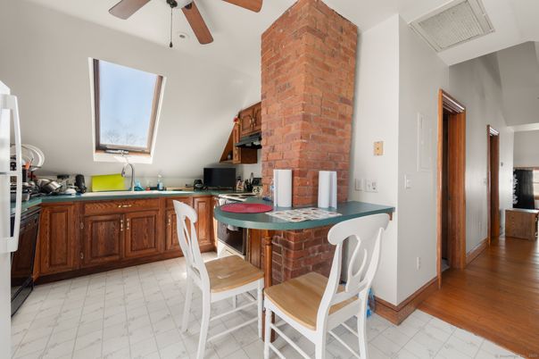 Fireplace, Interior, Kitchen, Stone Walls, Wood Texture Flooring