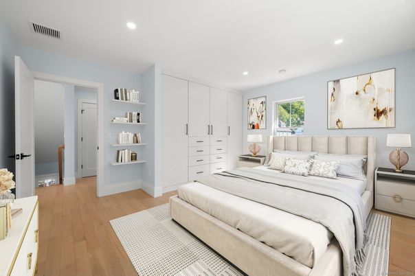 Bedroom, Interior, Recessed Lighting, Wood Texture Flooring