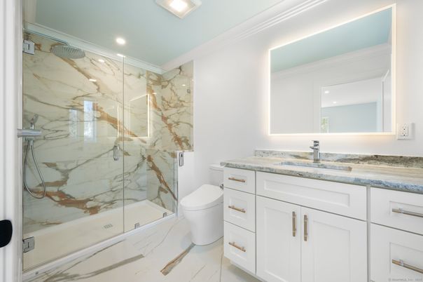 Bathroom, Glass Shower, Interior, Marble Walls, Recessed Lighting