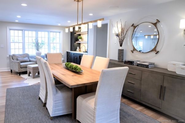 Dining room, Interior, Living room, Pendant Lights, Recessed Lighting, Wood Texture Flooring
