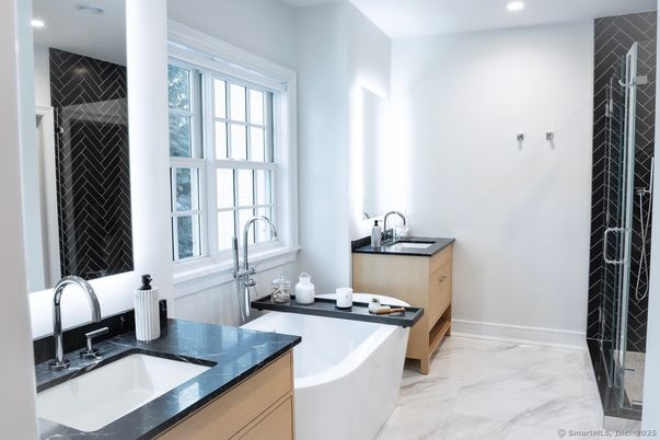 Bathroom, Dual Sink Vanities, Interior, Marble, Recessed Lighting