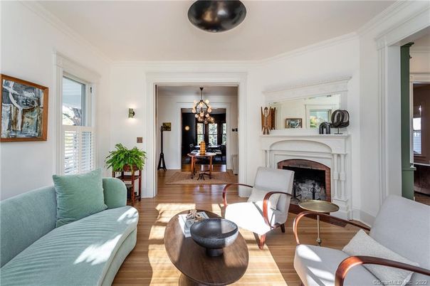 Dining room, Fireplace, Interior, Living room, Pendant Lights, Wood Texture Flooring