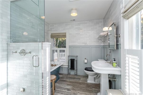 Bathroom, Glass Shower, Interior, Wood Texture Flooring