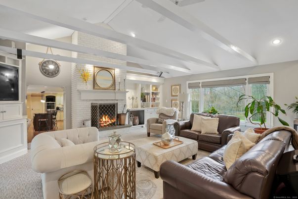 Fireplace, Interior, Living room, Recessed Lighting, Stone Walls