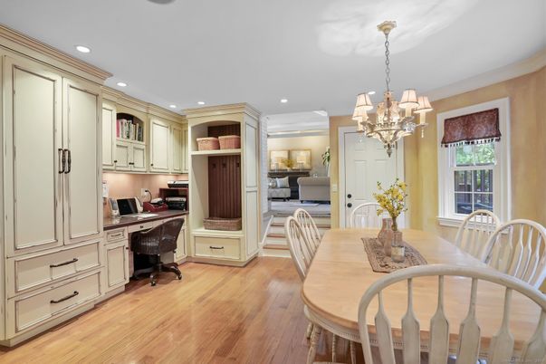 Chandelier, Home Office, Interior, Recessed Lighting, Wood Texture Flooring