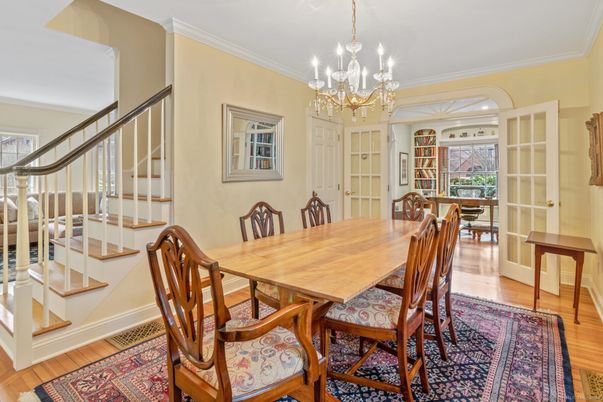 Chandelier, Dining room, Interior, Wood Texture Flooring
