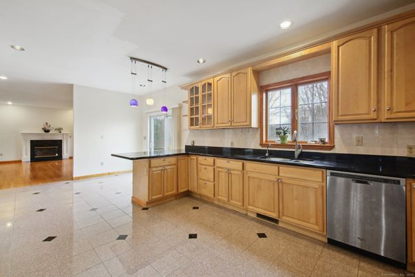 Fireplace, Interior, Kitchen, Pendant Lights, Recessed Lighting, Stainless Steel Appliances