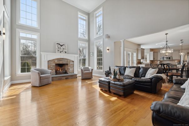 Dining room, Fireplace, Interior, Kitchen, Living room, Pendant Lights, Wood Texture Flooring