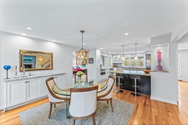 Dining room, Interior, Kitchen, Pendant Lights, Recessed Lighting, Wood Texture Flooring