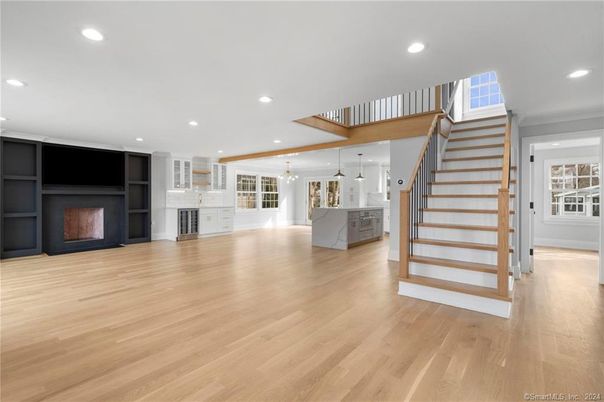 Fireplace, Interior, Kitchen, Pendant Lights, Recessed Lighting, Wood Texture Flooring