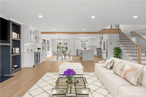 Dining room, Interior, Kitchen, Living room, Pendant Lights, Recessed Lighting, Stainless Steel Appliances, Wood Texture Flooring