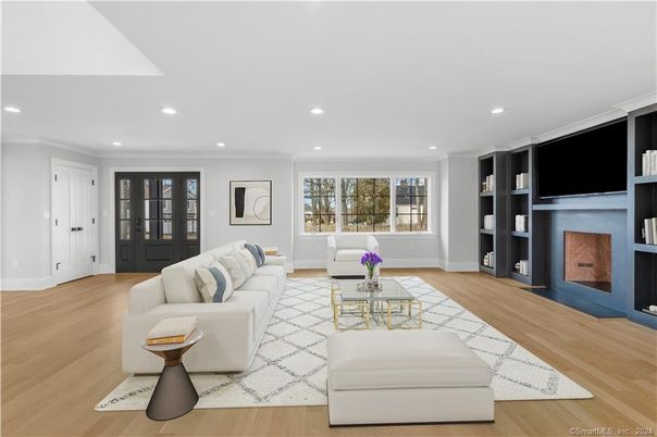 Fireplace, Interior, Living room, Recessed Lighting, Wood Texture Flooring