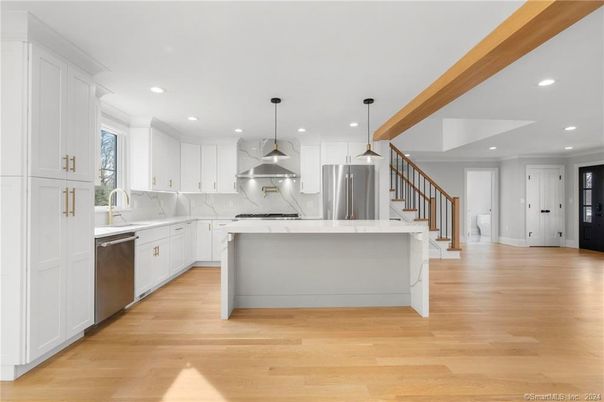 Interior, Kitchen, Pendant Lights, Recessed Lighting, Stainless Steel Appliances, Wood Texture Flooring