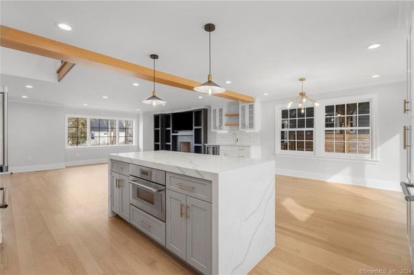 Interior, Kitchen, Pendant Lights, Recessed Lighting, Wooden Beams, Wood Texture Flooring