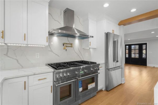 Interior, Kitchen, Marble Walls, Recessed Lighting, Stainless Steel Appliances, Wooden Beams, Wood Texture Flooring
