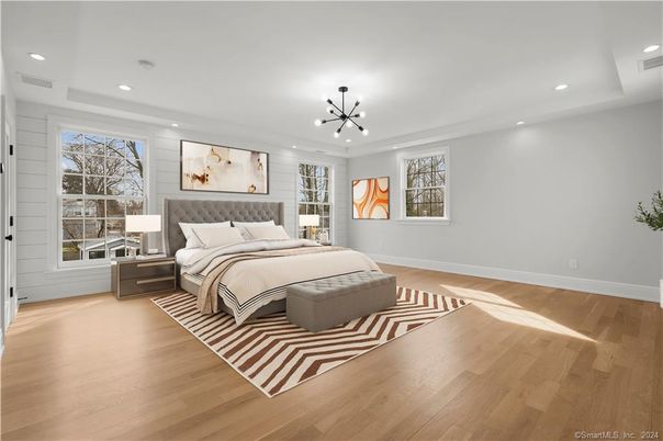 Bedroom, Interior, Pendant Lights, Recessed Lighting, Wood Texture Flooring