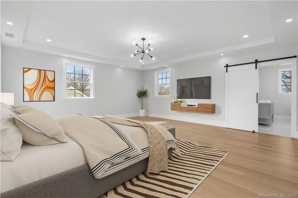 Bedroom, Interior, Pendant Lights, Recessed Lighting, Wood Texture Flooring