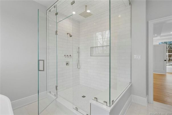 Bathroom, Glass Shower, Interior, Recessed Lighting, Wood Texture Flooring