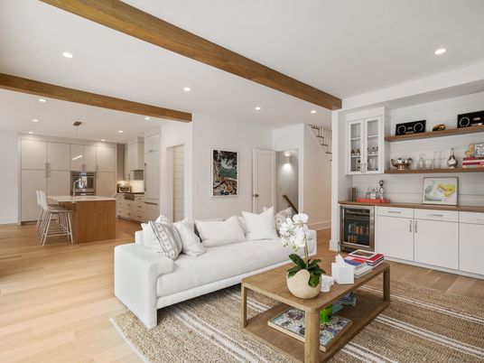 Interior, Kitchen, Living room, Pendant Lights, Recessed Lighting, Stainless Steel Appliances, Wooden Beams, Wood Texture Flooring