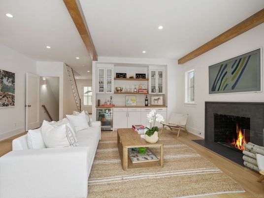 Fireplace, Interior, Living room, Recessed Lighting, Wooden Beams, Wood Texture Flooring