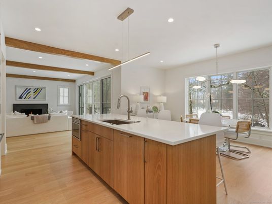 Dining room, Fireplace, Interior, Kitchen, Living room, Pendant Lights, Recessed Lighting, Wooden Beams, Wood Texture Flooring