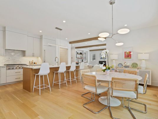 Dining room, Interior, Kitchen, Pendant Lights, Recessed Lighting, Stainless Steel Appliances, Wooden Beams, Wood Texture Flooring