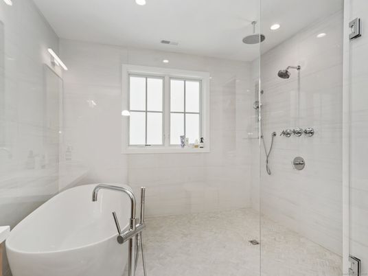 Bathroom, Free Standing Baths, Glass Shower, Interior, Recessed Lighting