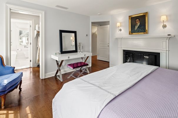 Bedroom, Fireplace, Interior, Wood Texture Flooring