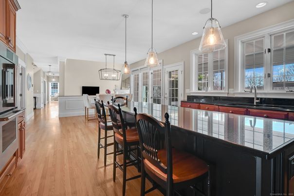 Dining room, Interior, Kitchen, Pendant Lights, Recessed Lighting, Wood Texture Flooring