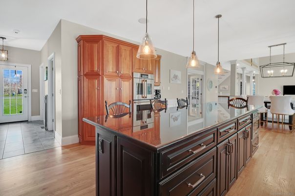 Dining room, Interior, Kitchen, Pendant Lights, Wood Texture Flooring