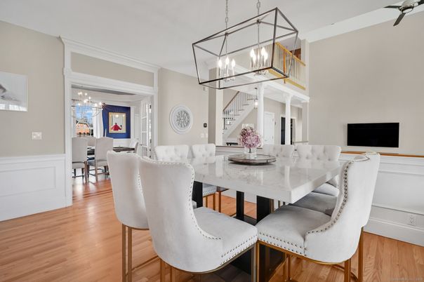 Dining room, Interior, Pendant Lights, Wood Texture Flooring