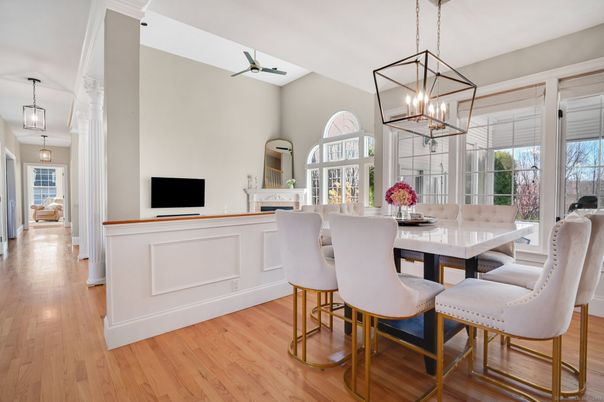 Dining room, Fireplace, Interior, Pendant Lights, Wood Texture Flooring